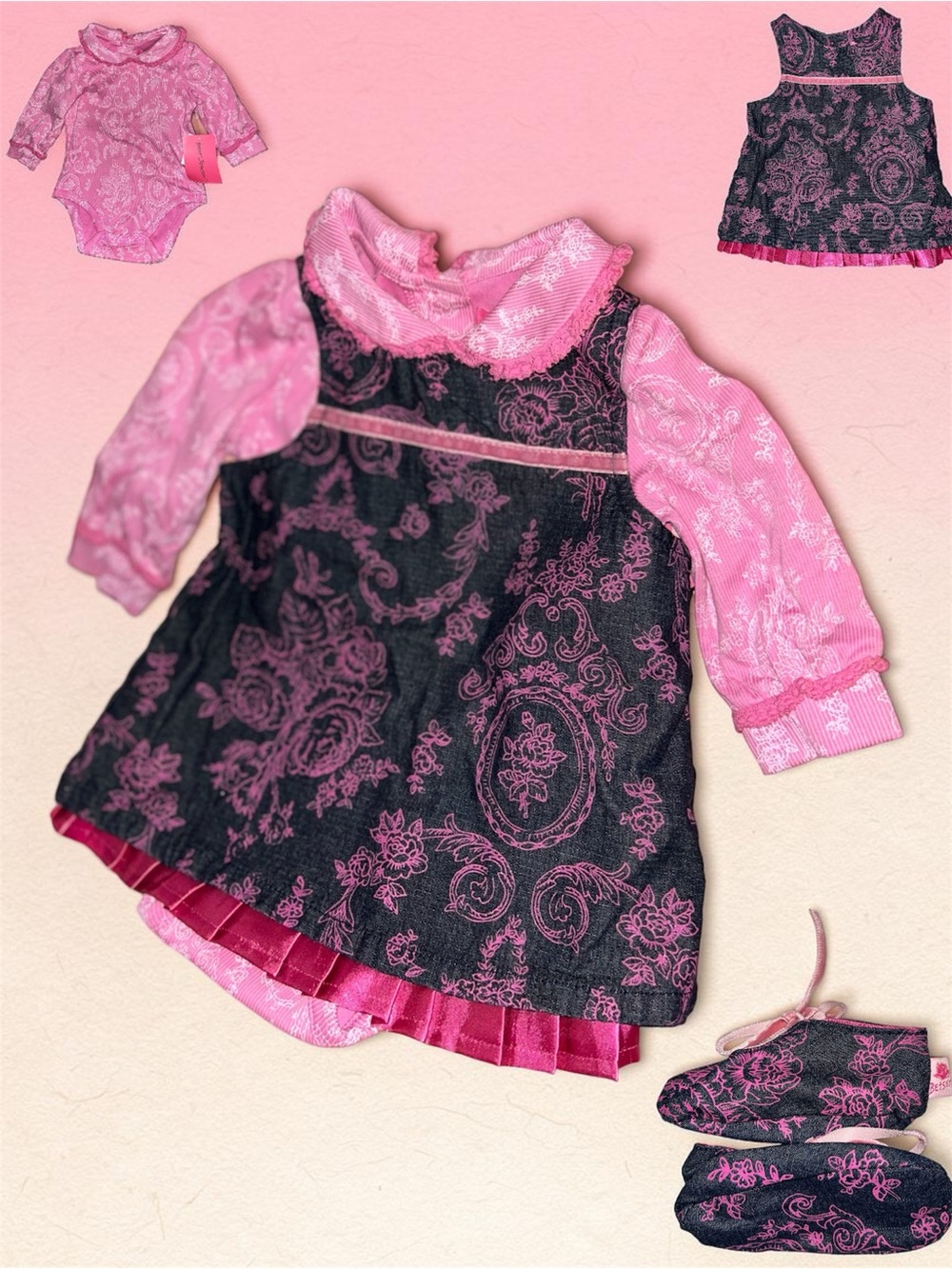 Betsey Johnson Floral Pink blue rose cotton satin trim Dress for kids 18 month